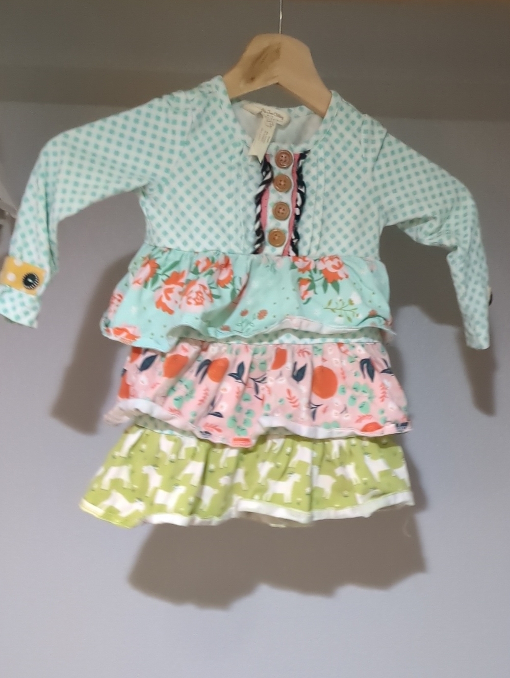 Matilda Jane Tiered Ruffle Floral Kids Dress in Mint, Coral & Lime 12-18 Mo